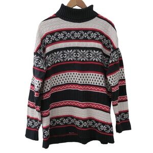 Retro Striped Snowflake Knit Sweater Fair Isle Turtle Neck Snow Layer 80s